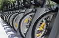 MOSCOW, RUSSIA- June , 11, 2018. City bikes for rent ÃÂ at automatic rental station in Moscow. Close up